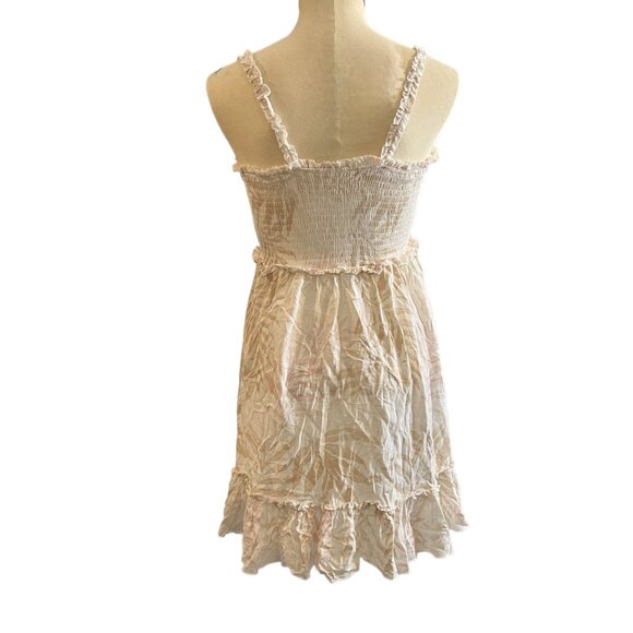 Ocean Drive Mini Dress S Leaf Print Tie Front Tan Cream Pink Tiered Size Small - Picture 2 of 9